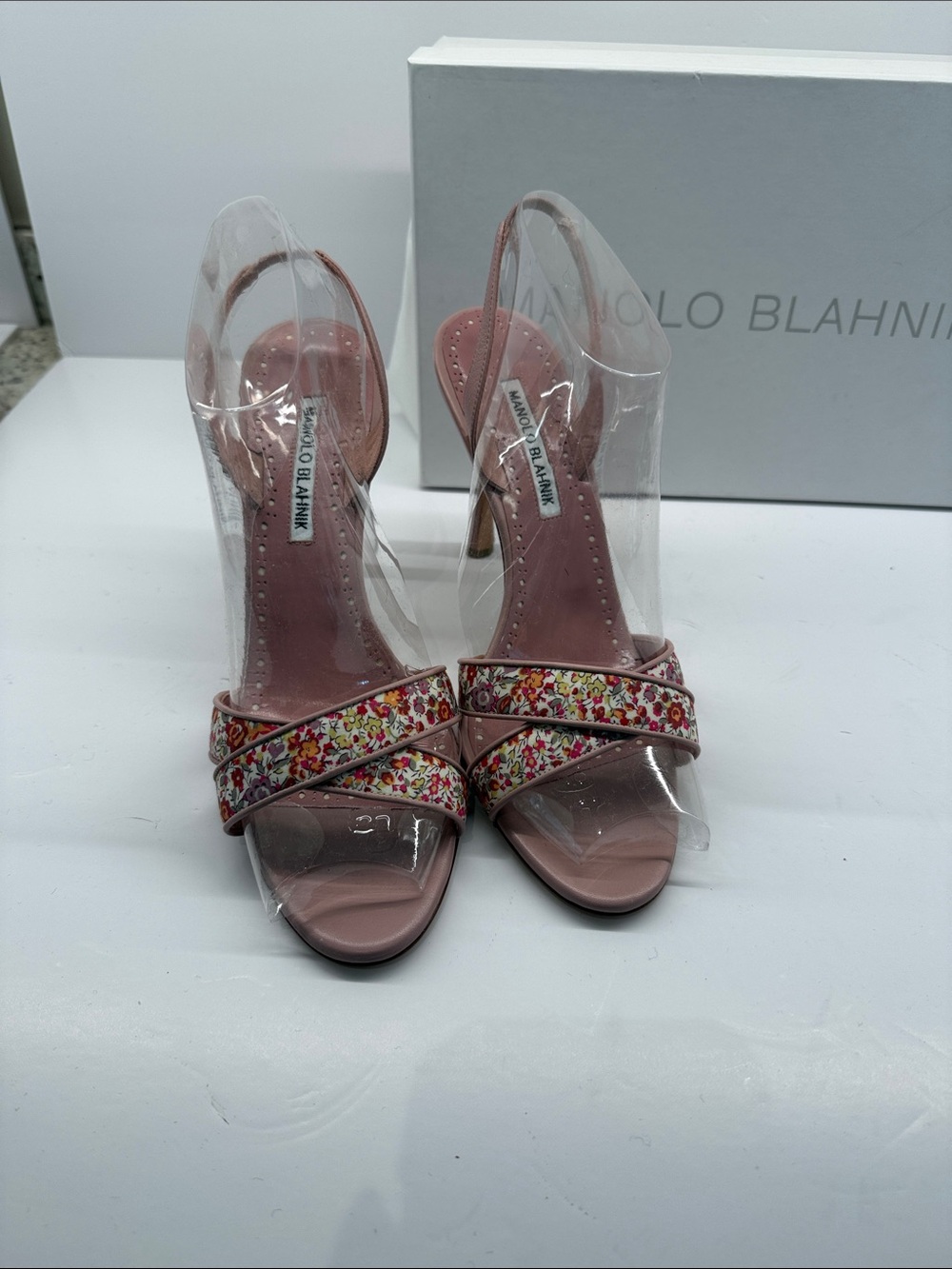 Manolo Blahnik Pink Floral Strap Sling Sandals